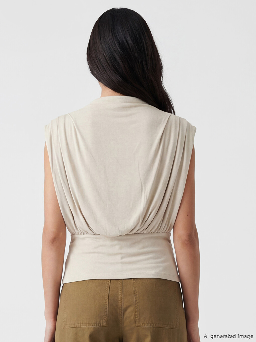 Bej Dik Yaka Büzgülü Bluz	Mock Neck Ruched Blouse-3