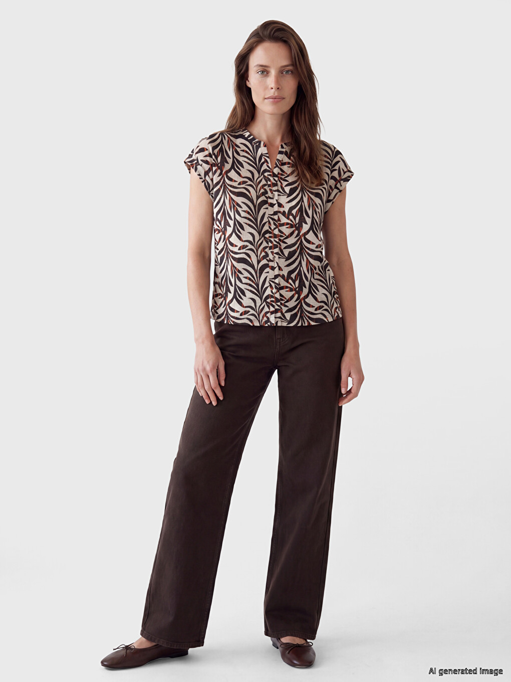 Notch Neck Patterned 100% Cotton Blouse-1