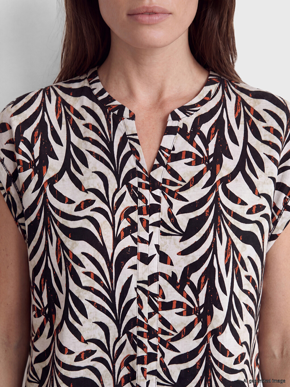 Notch Neck Patterned 100% Cotton Blouse-2