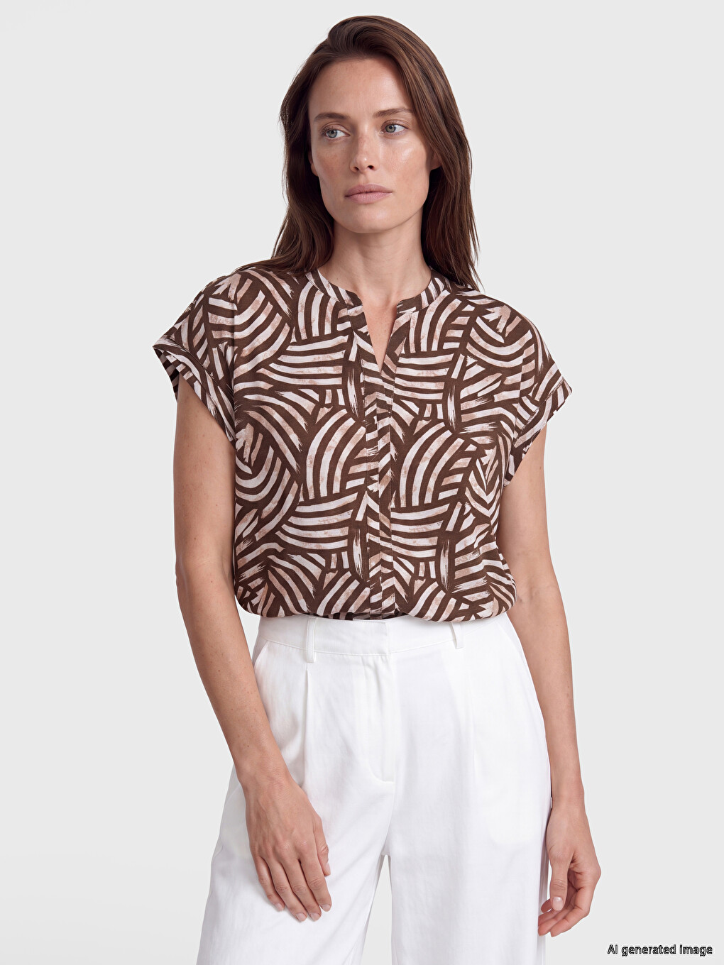 Notch Neck Patterned 100% Cotton Blouse