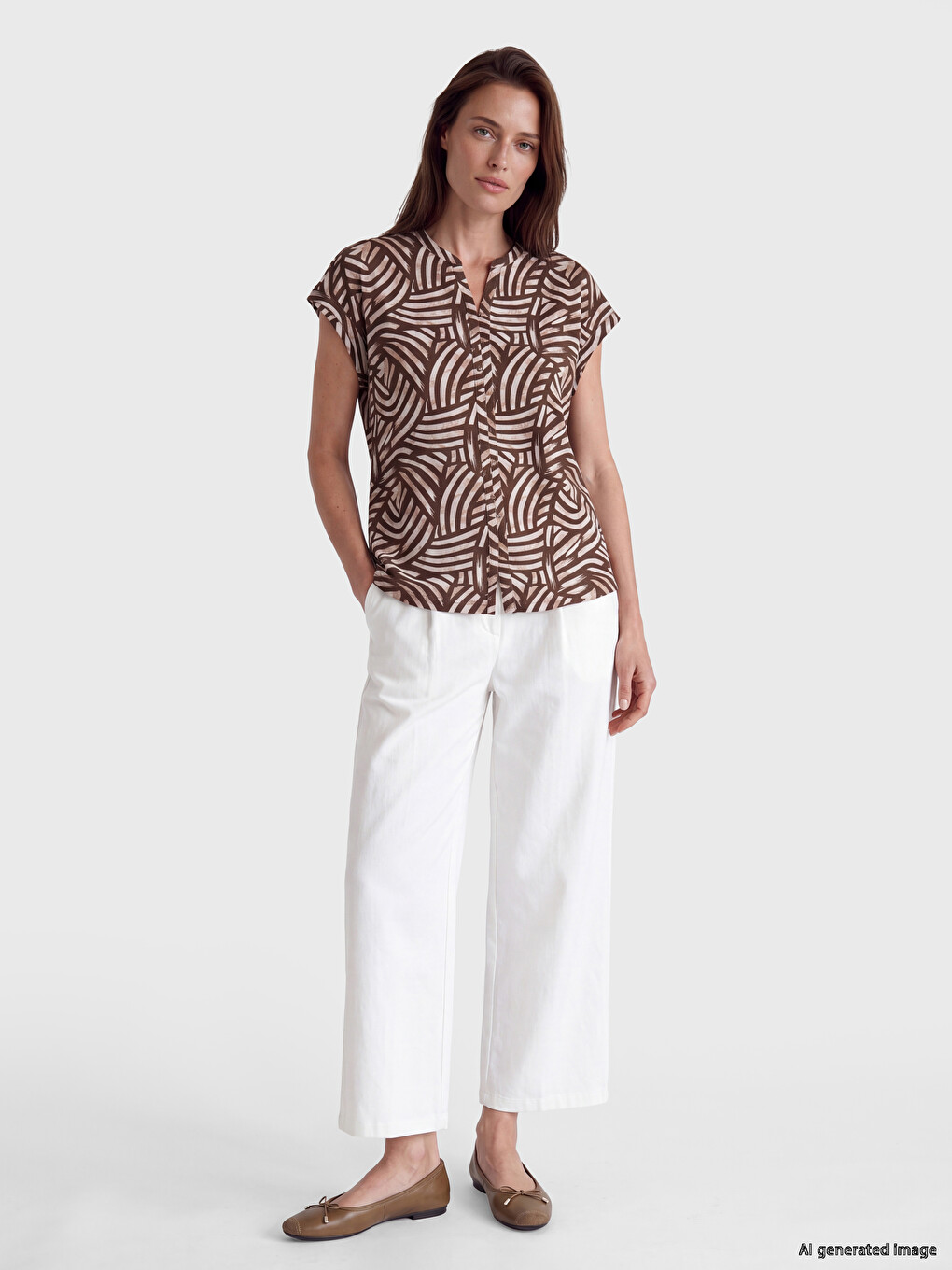 Notch Neck Patterned 100% Cotton Blouse-1