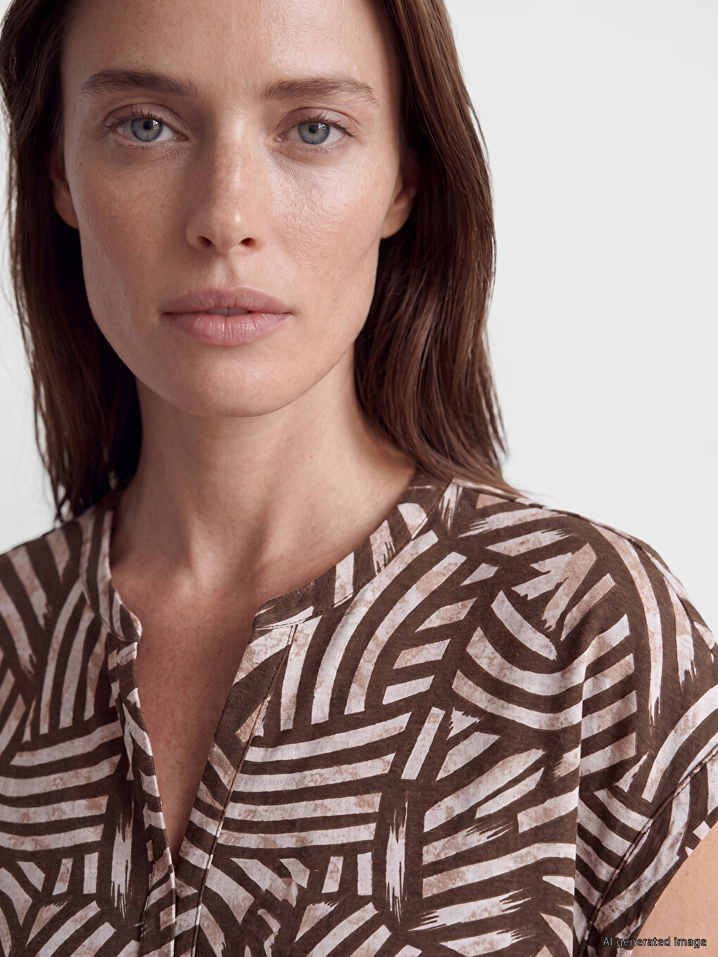 Notch Neck Patterned 100% Cotton Blouse-2
