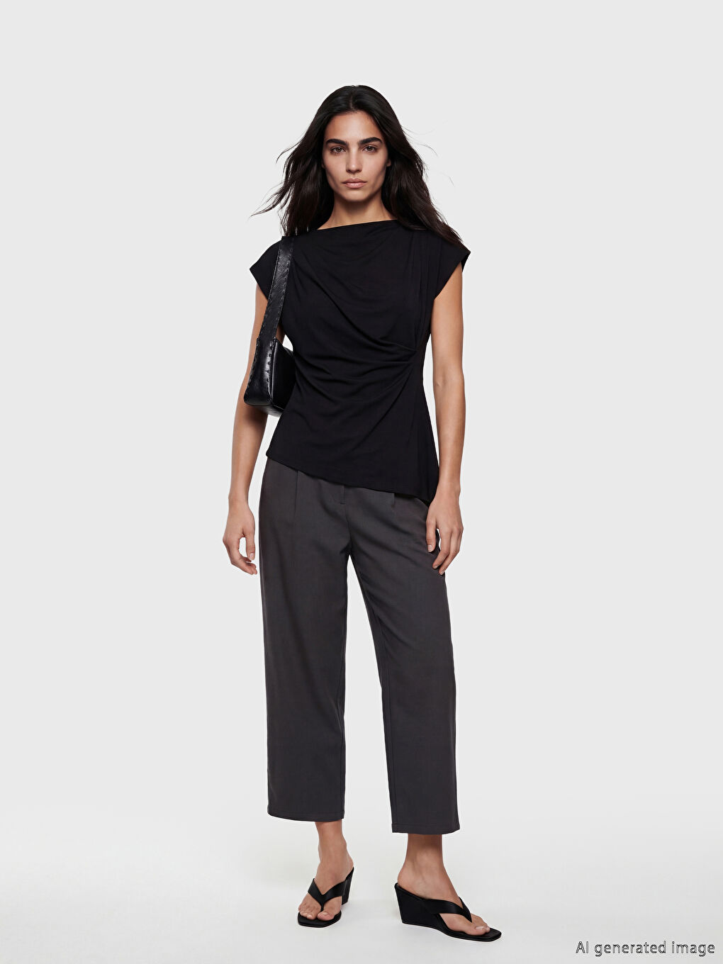 Siyah Kayık Yaka Büzgülü Bluz-1