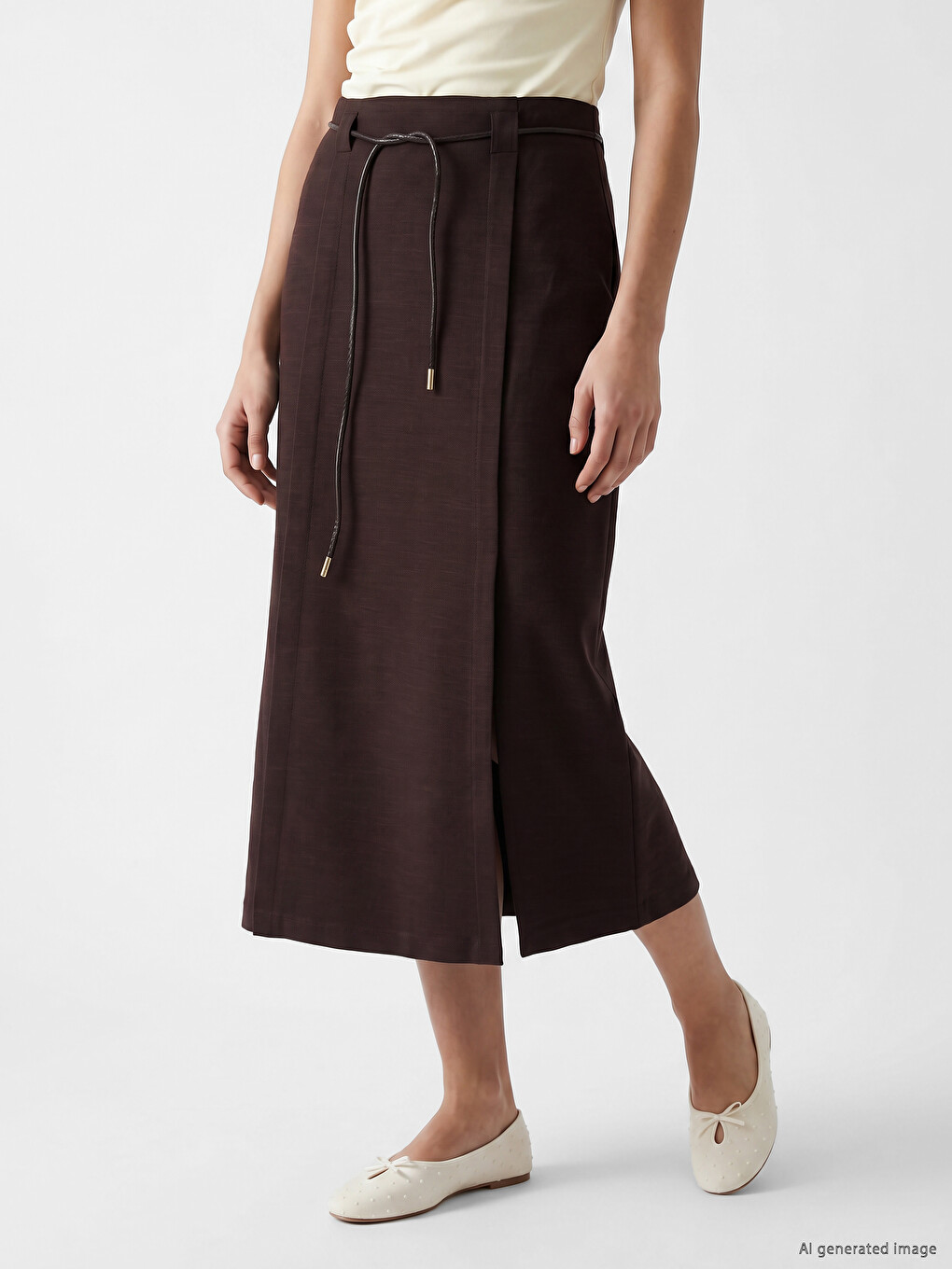 Belted Waist Linen Blend Skirt-1