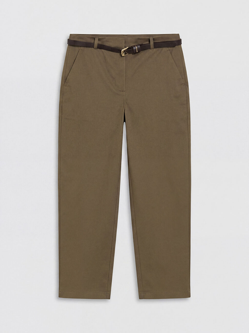 Haki Beli Kemerli Gabardin Kadın Pantolon