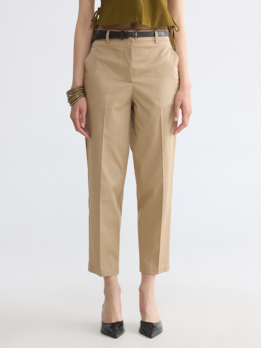 Ženske pantalone od gabardina sa kaišem u struku-1