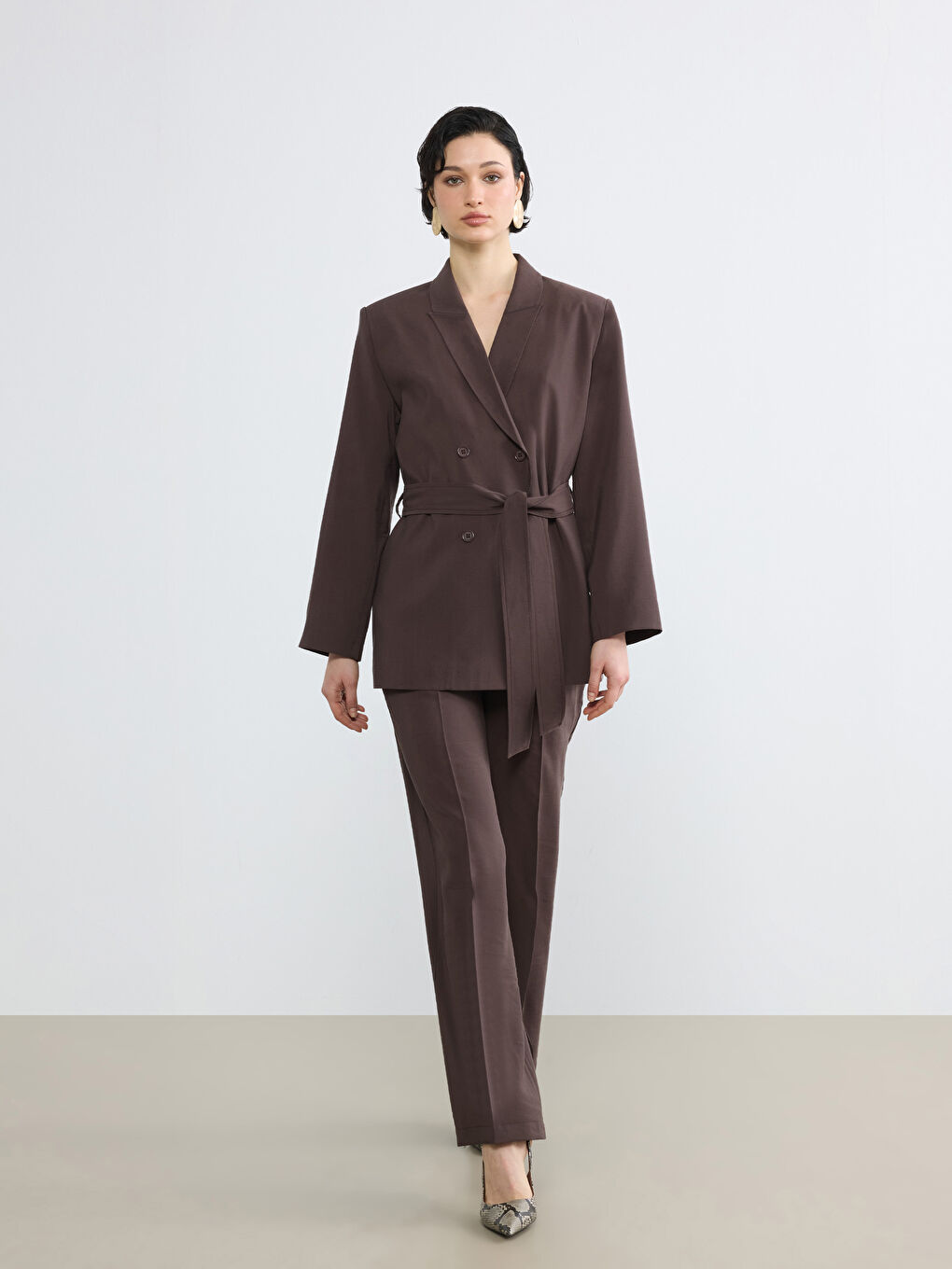 Kahverengi Kruvaze Yaka Kadın Blazer Ceket-1