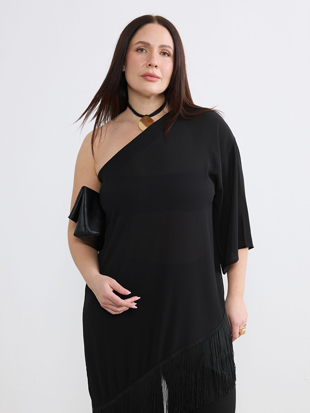 Siyah Büyük Beden Tek Omuz Püsküllü Bluz-1