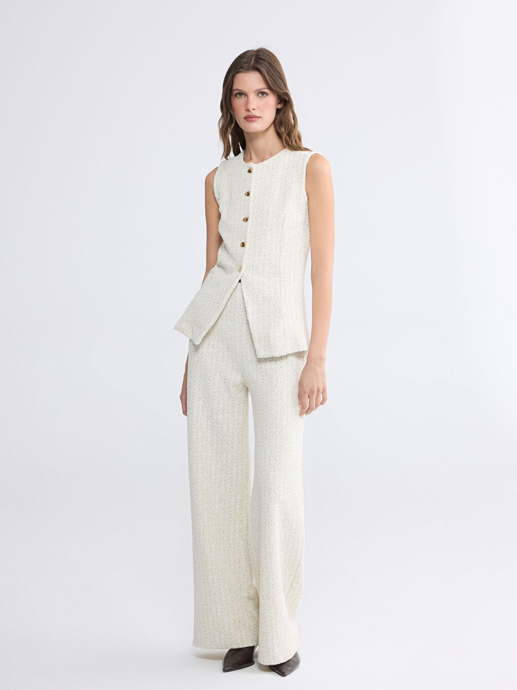 Beyaz Bisiklet Yaka Desenli Kadın Yelek	-1