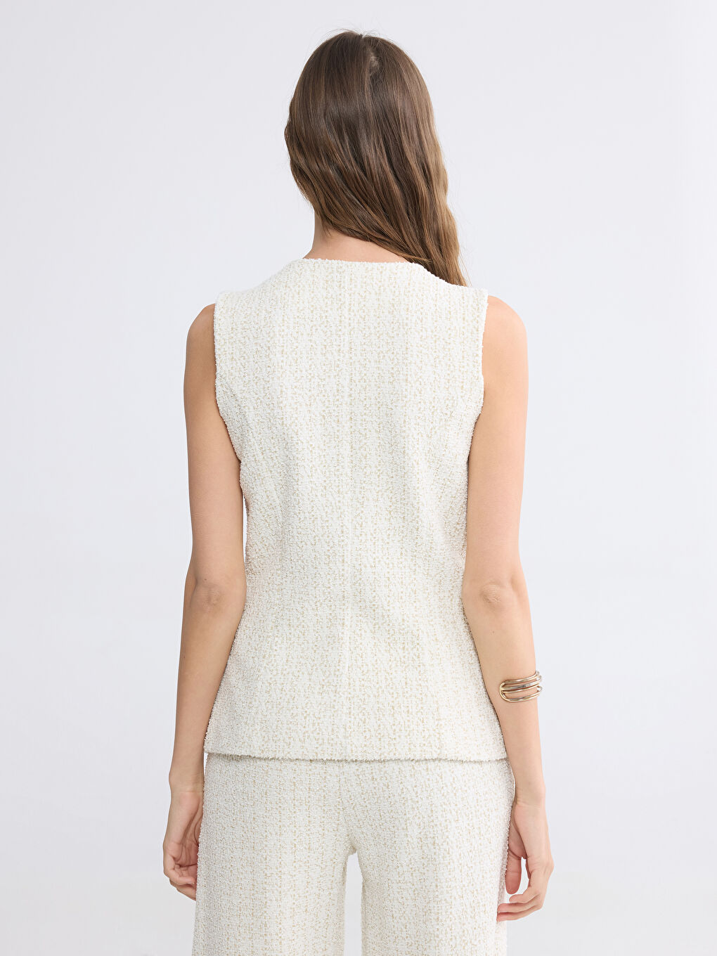 Beyaz Bisiklet Yaka Desenli Kadın Yelek	-3