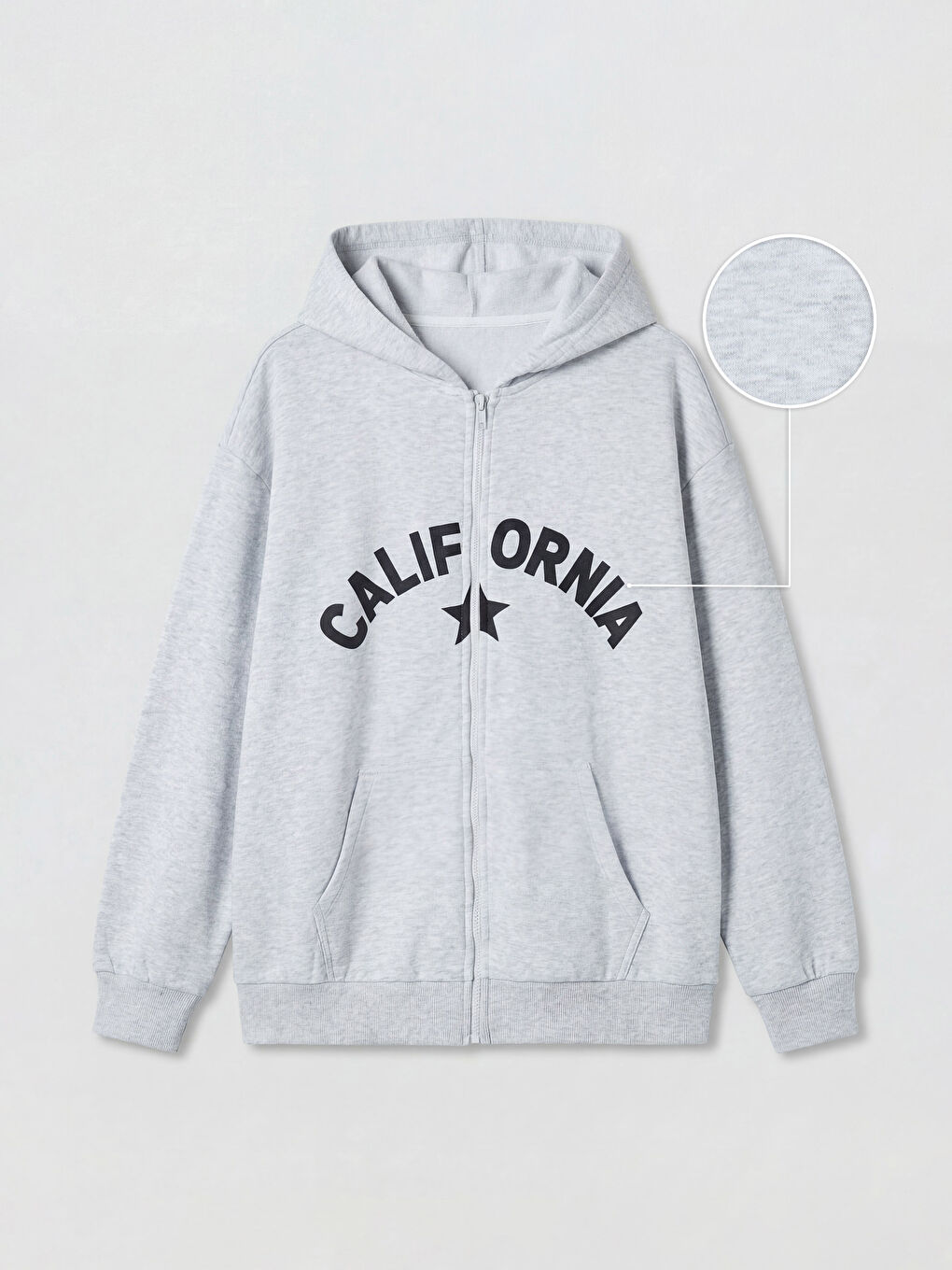 Gri Kapüşonlu Baskılı Kız Çocuk Fermuarlı Sweatshirt