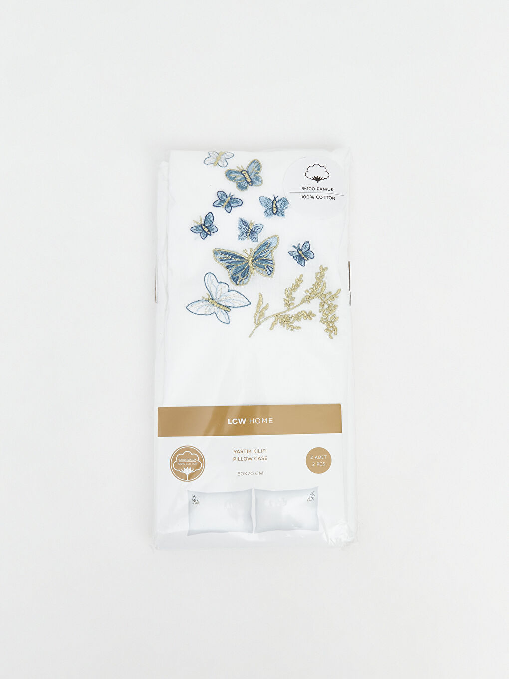 Beyaz Kelebek Nakışlı Yastık Kılıfı 2'li 50x70 cm-2
