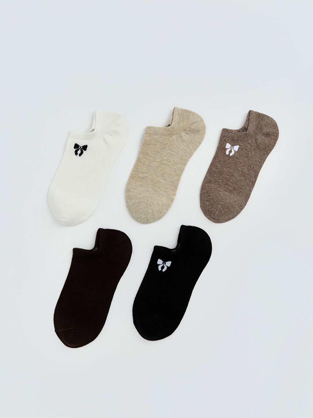 Ekru Fiyonk Desenli Kadın Sneaker Çorap 5'li