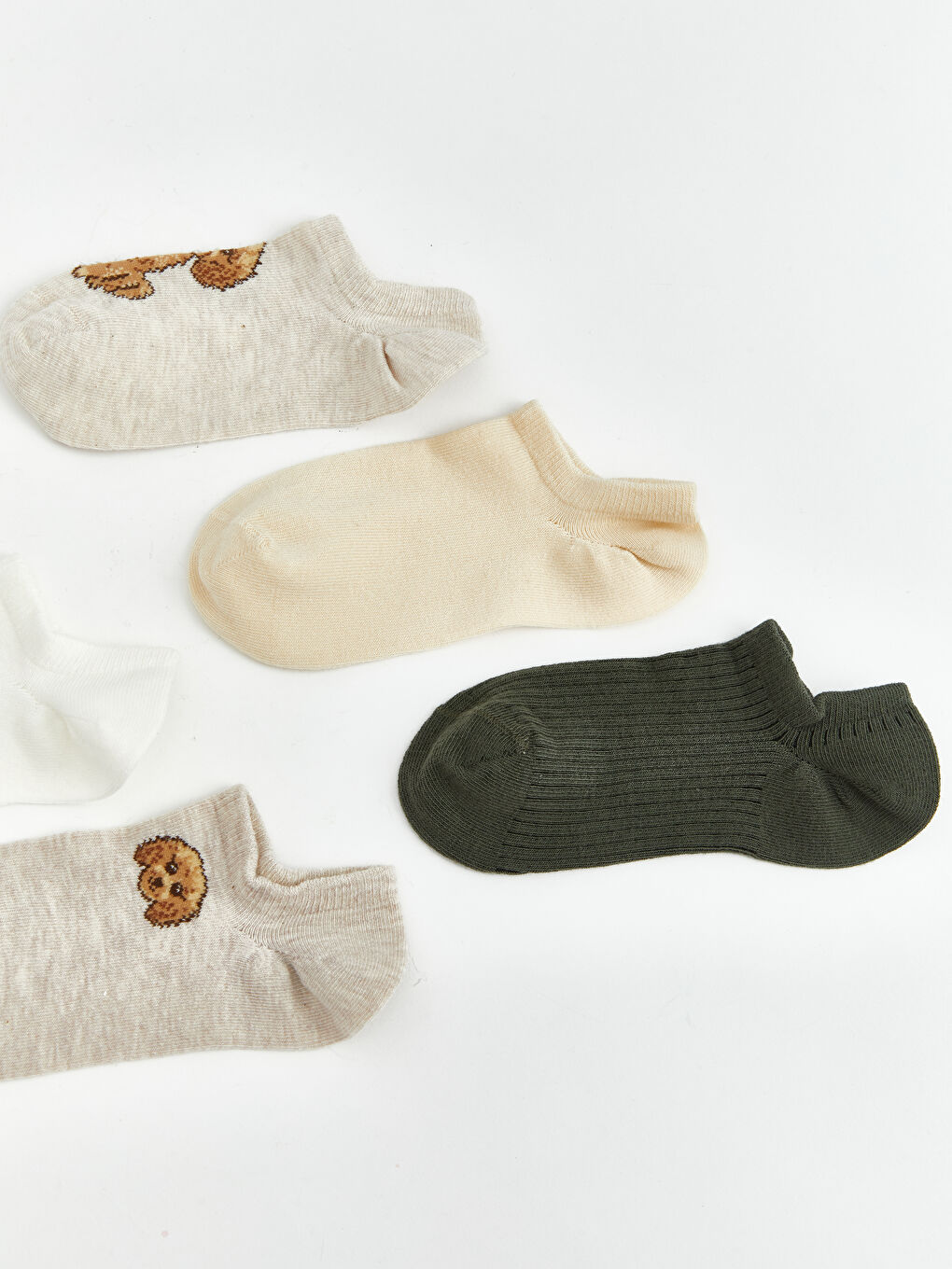 Bej Köpek Baskılı Kadın Sneaker Çorap 5'li-1