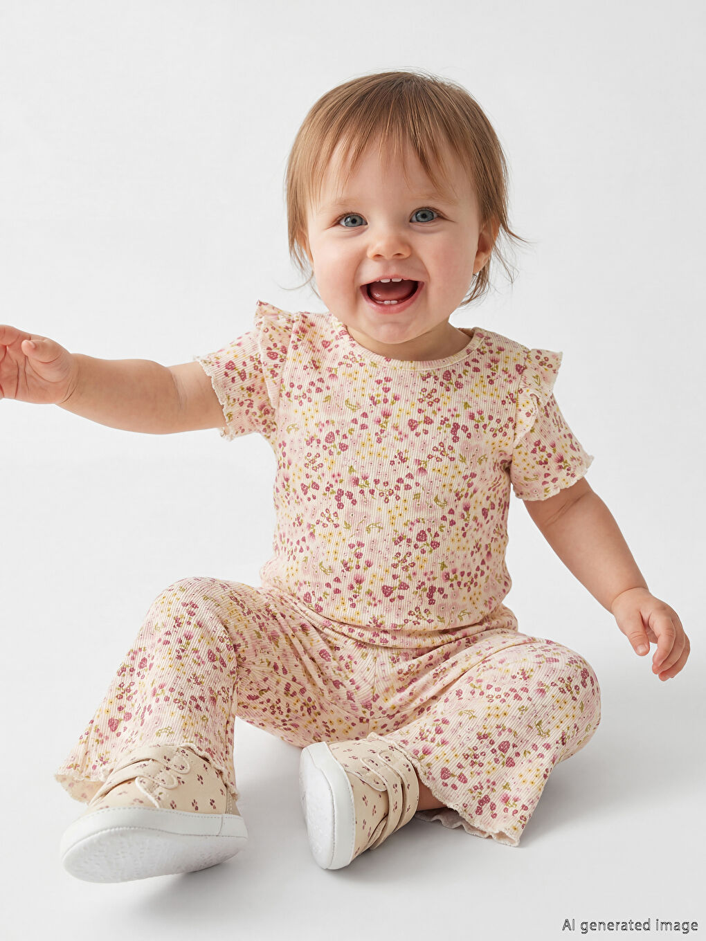 Set Tricotat Striat Floral pentru Fetițe-1