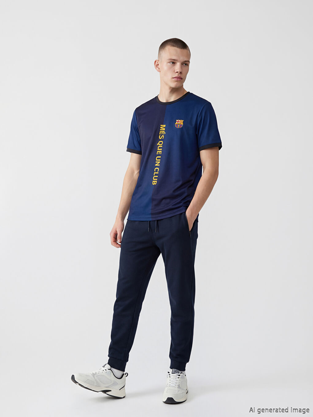 Mavi Bisiklet Yaka FC Barcelona Baskılı Erkek Tişört-1