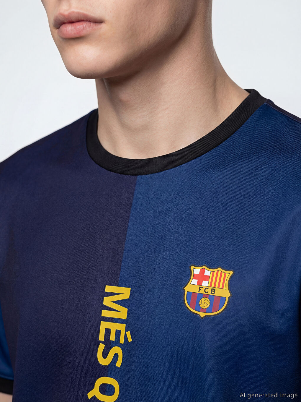 Mavi Bisiklet Yaka FC Barcelona Baskılı Erkek Tişört-2