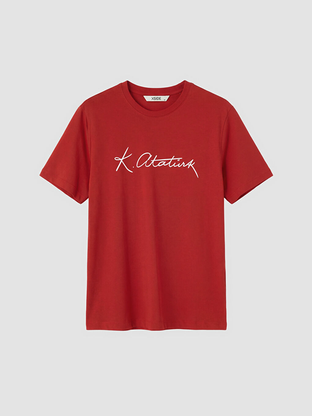 Kırmızı Bisiklet Yaka Atatürk İmzası Baskılı Erkek Tişört