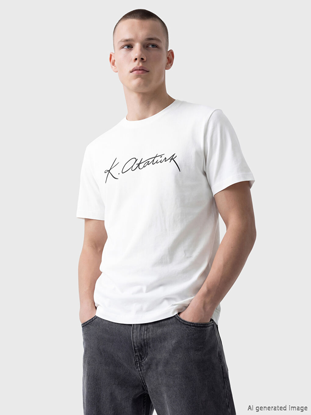 Beyaz Bisiklet Yaka Atatürk İmzası Baskılı Erkek Tişört