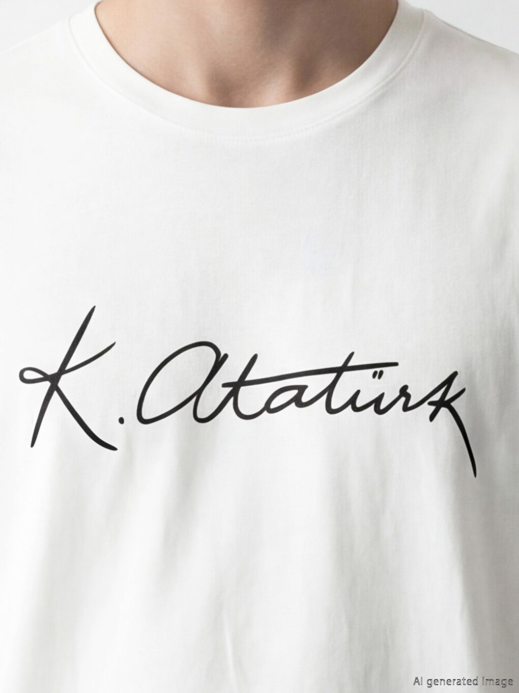 Beyaz Bisiklet Yaka Atatürk İmzası Baskılı Erkek Tişört-2
