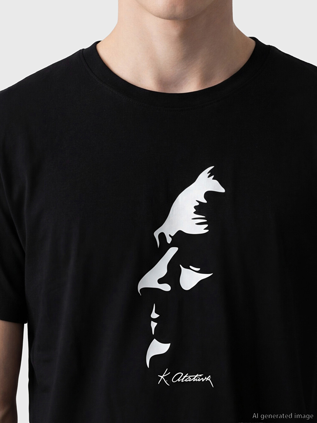 Siyah Bisiklet Yaka Atatürk Baskılı Erkek Tişört-2