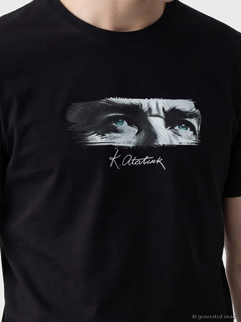Siyah Bisiklet Yaka Atatürk Baskılı Erkek Tişört-2