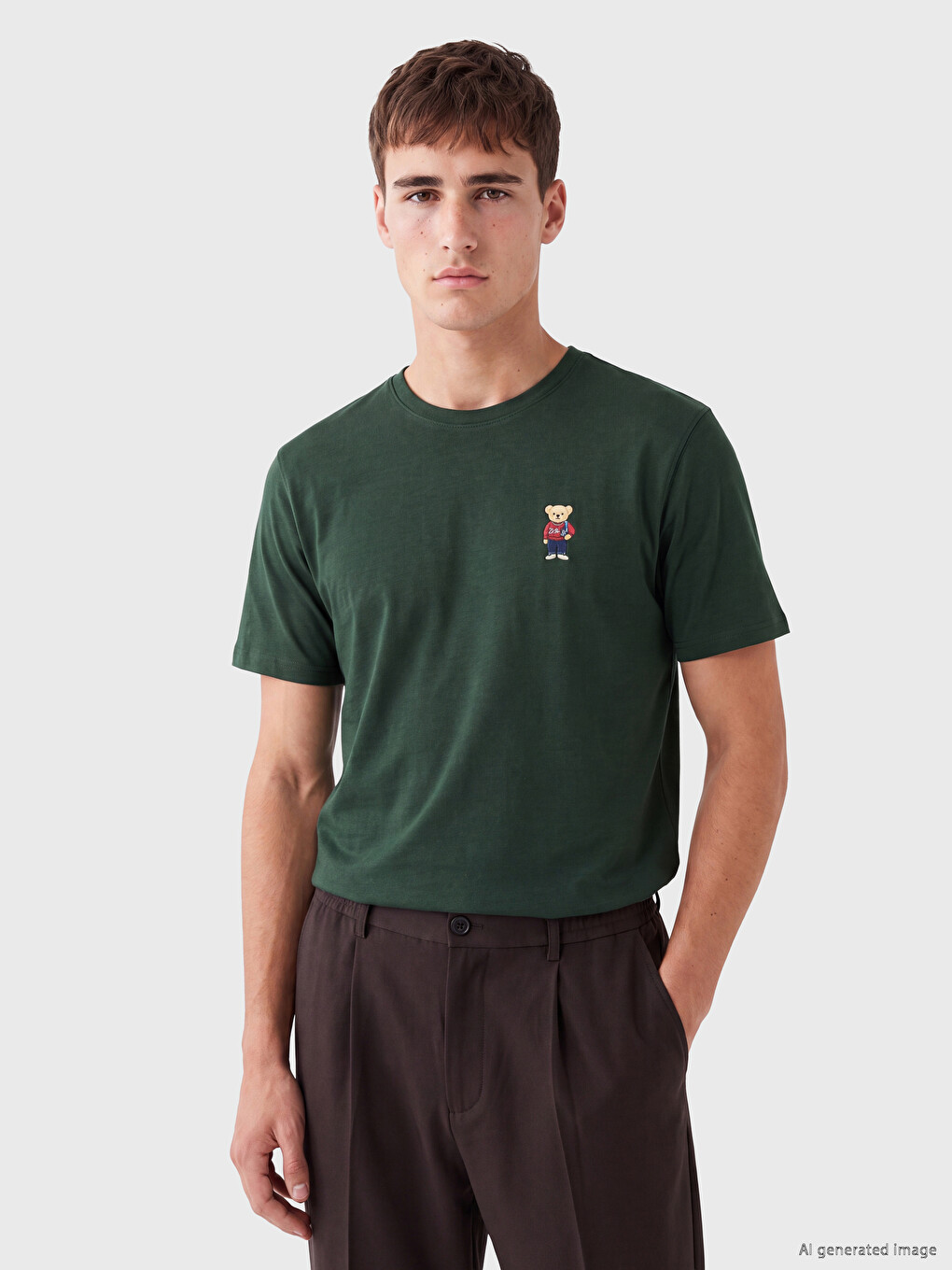 Crew Neck Bear Teddy Embroidered Men's T-shirt