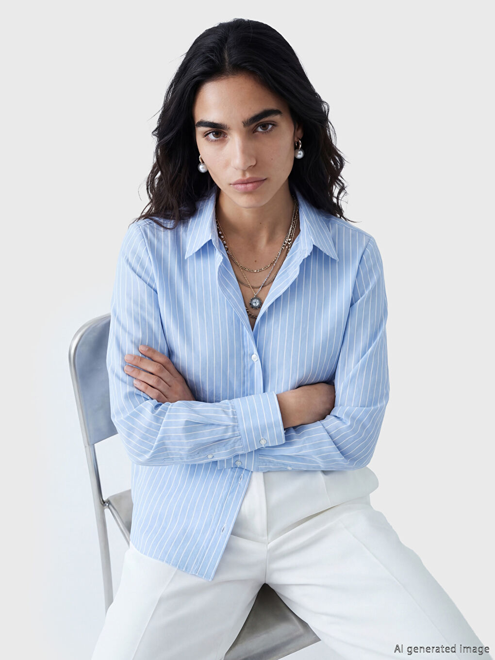 Mavi Çizgili Oxford Kadın Gömlek