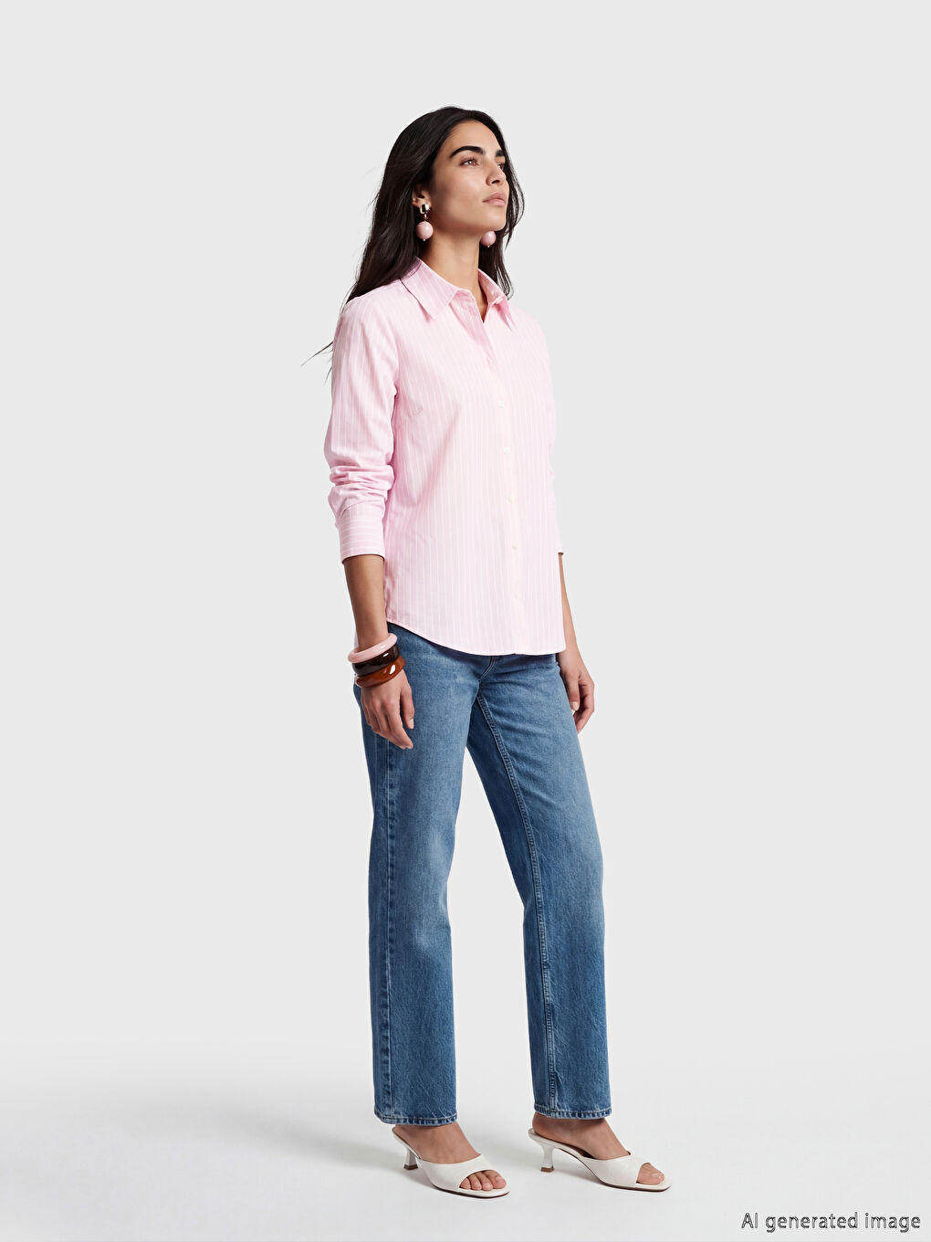 Pembe Çizgili Oxford Kadın Gömlek-1