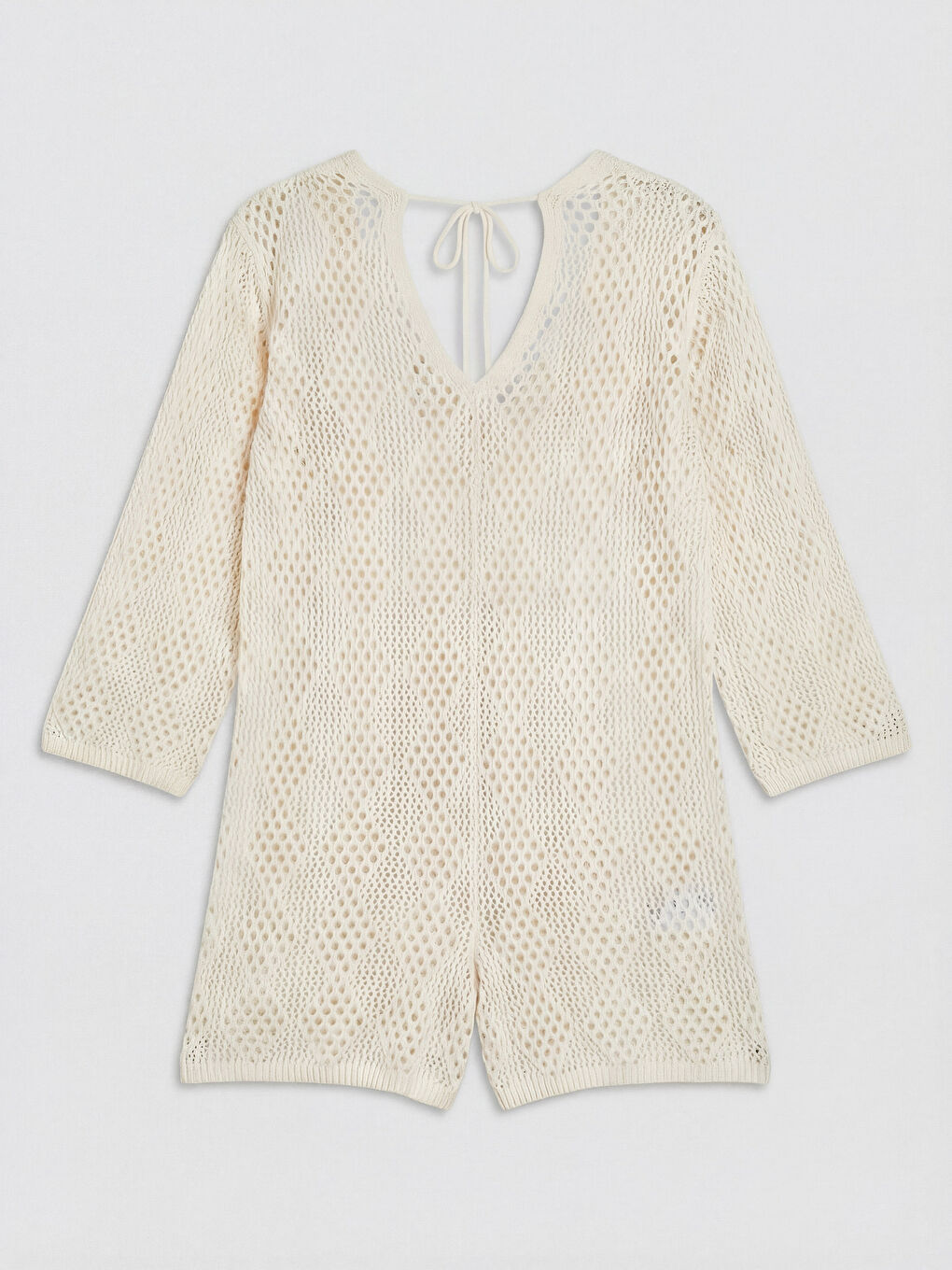 Bej V Yaka Dantelli Kadın Tulum-1