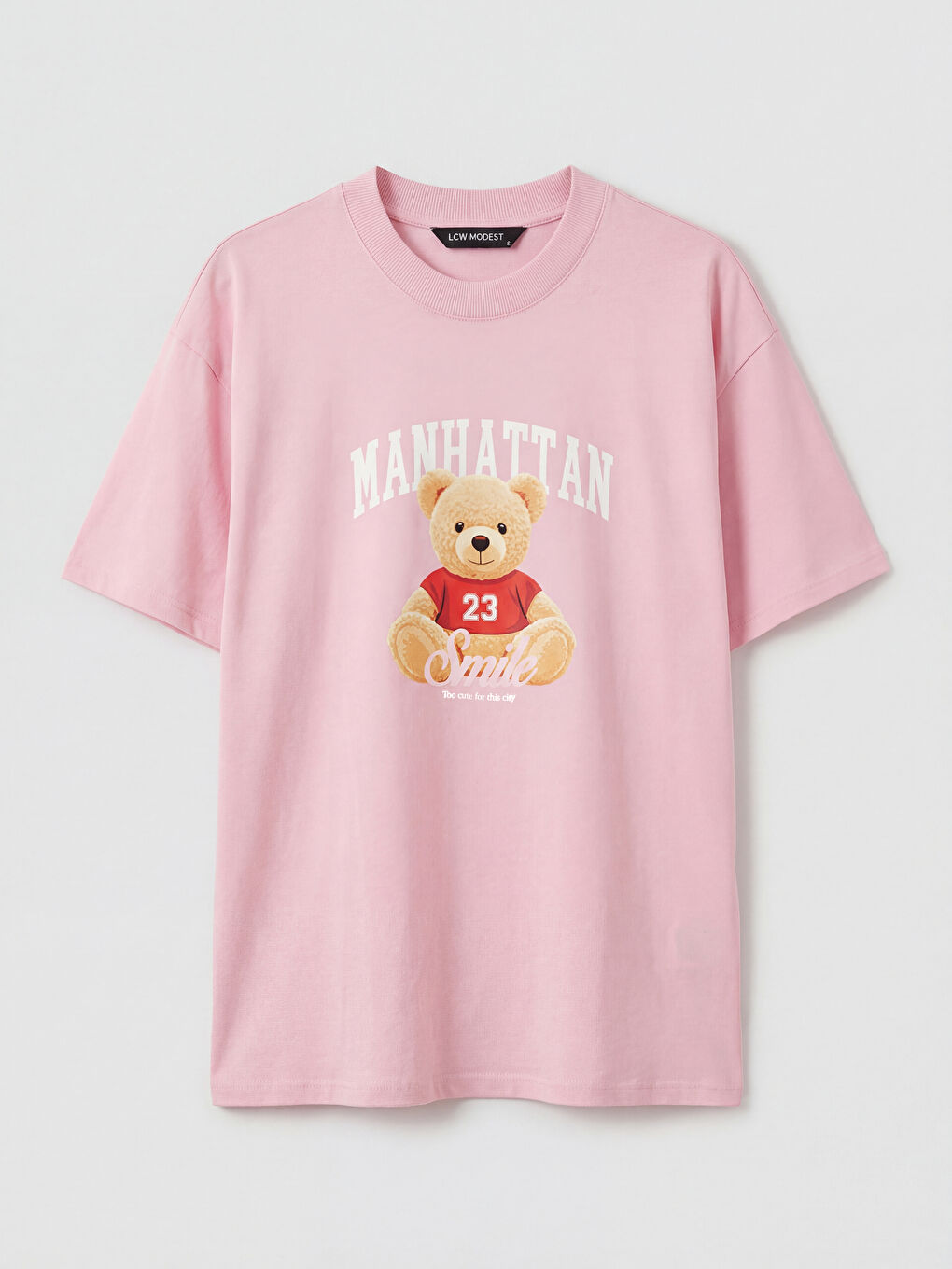 Pembe Bisiklet Yaka Manhattan Baskılı Kadın Tişört