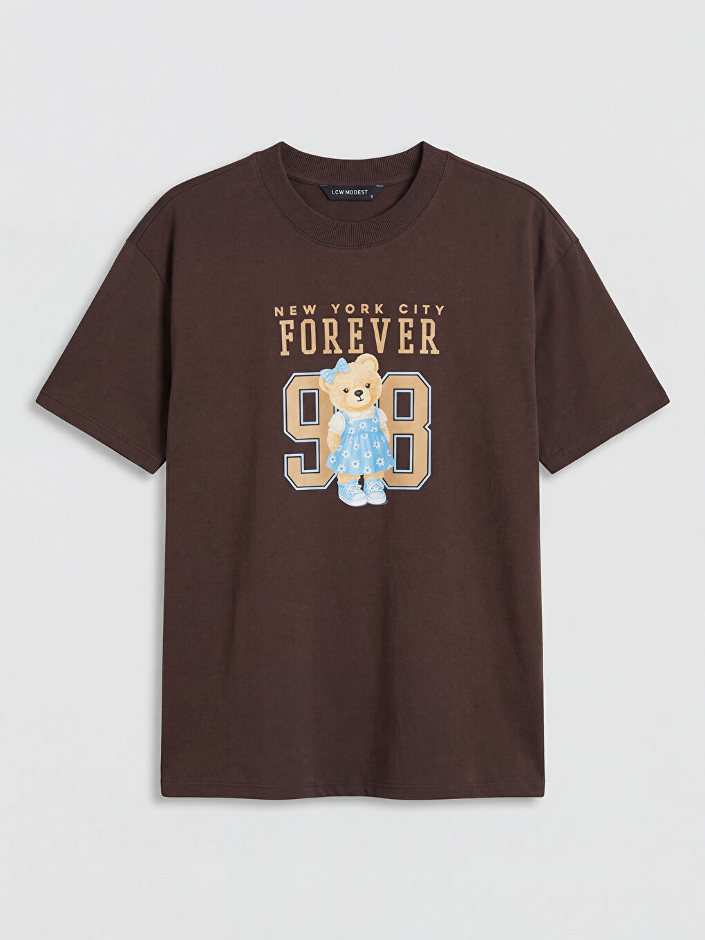 Kahverengi Bisiklet Yaka New York Baskılı Kadın Tişört