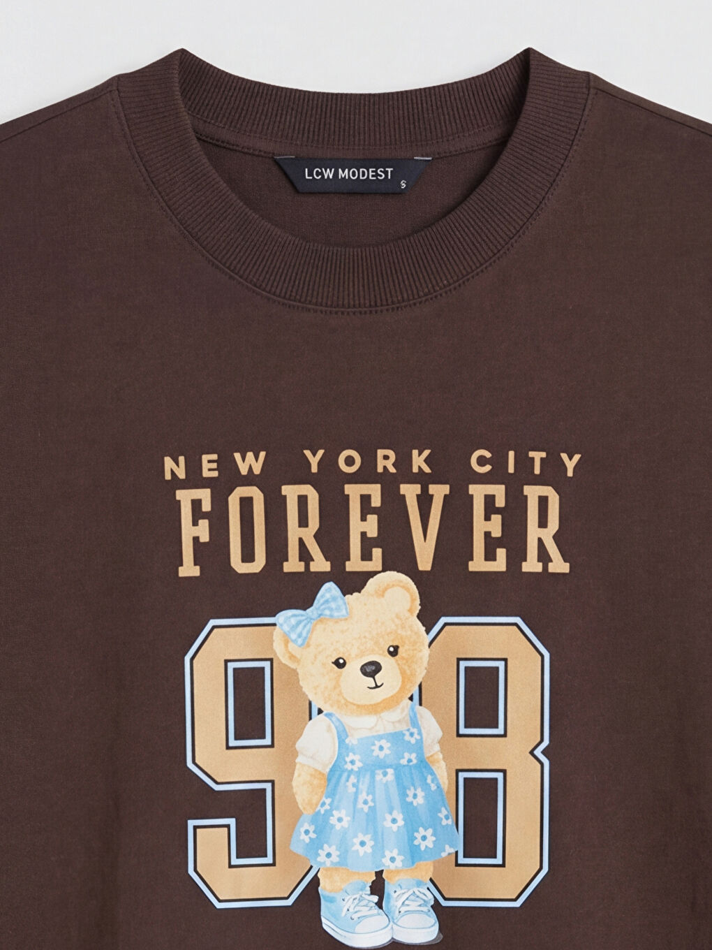 Kahverengi Bisiklet Yaka New York Baskılı Kadın Tişört-2