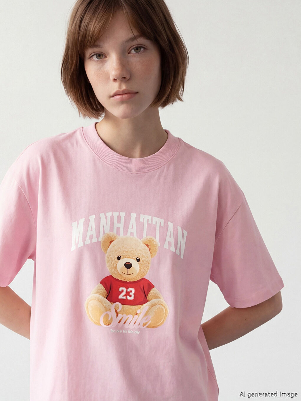 Pembe Bisiklet Yaka Manhattan Baskılı Kadın Tişört