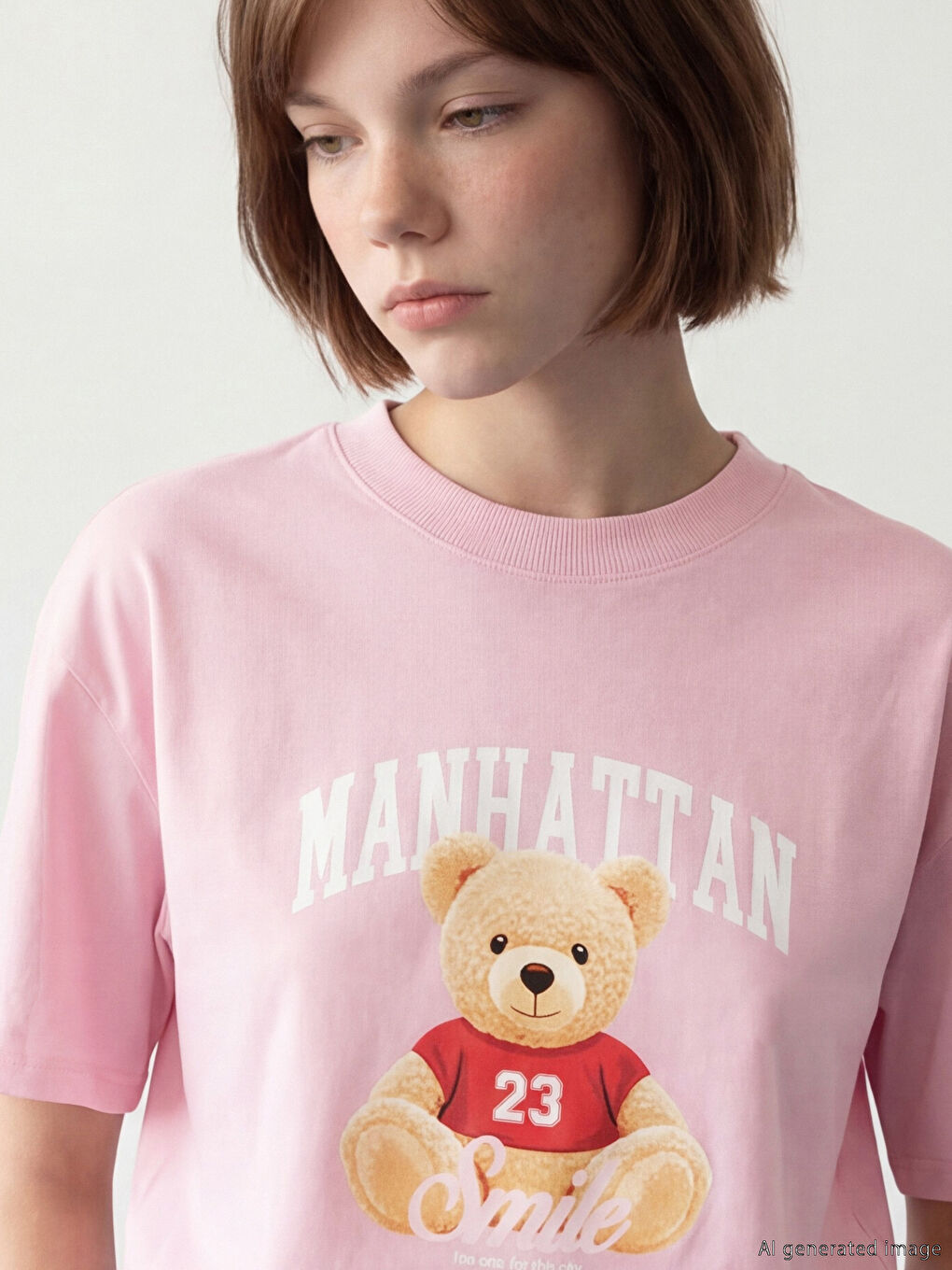 Pembe Bisiklet Yaka Manhattan Baskılı Kadın Tişört-2