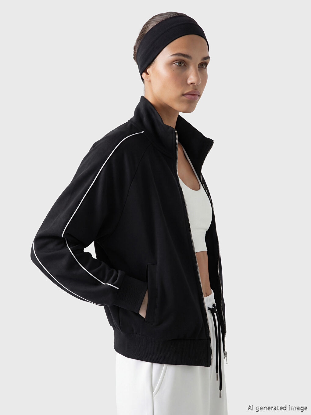 Siyah Modal Karışımlı Kadın Fermuarlı Sweatshirt