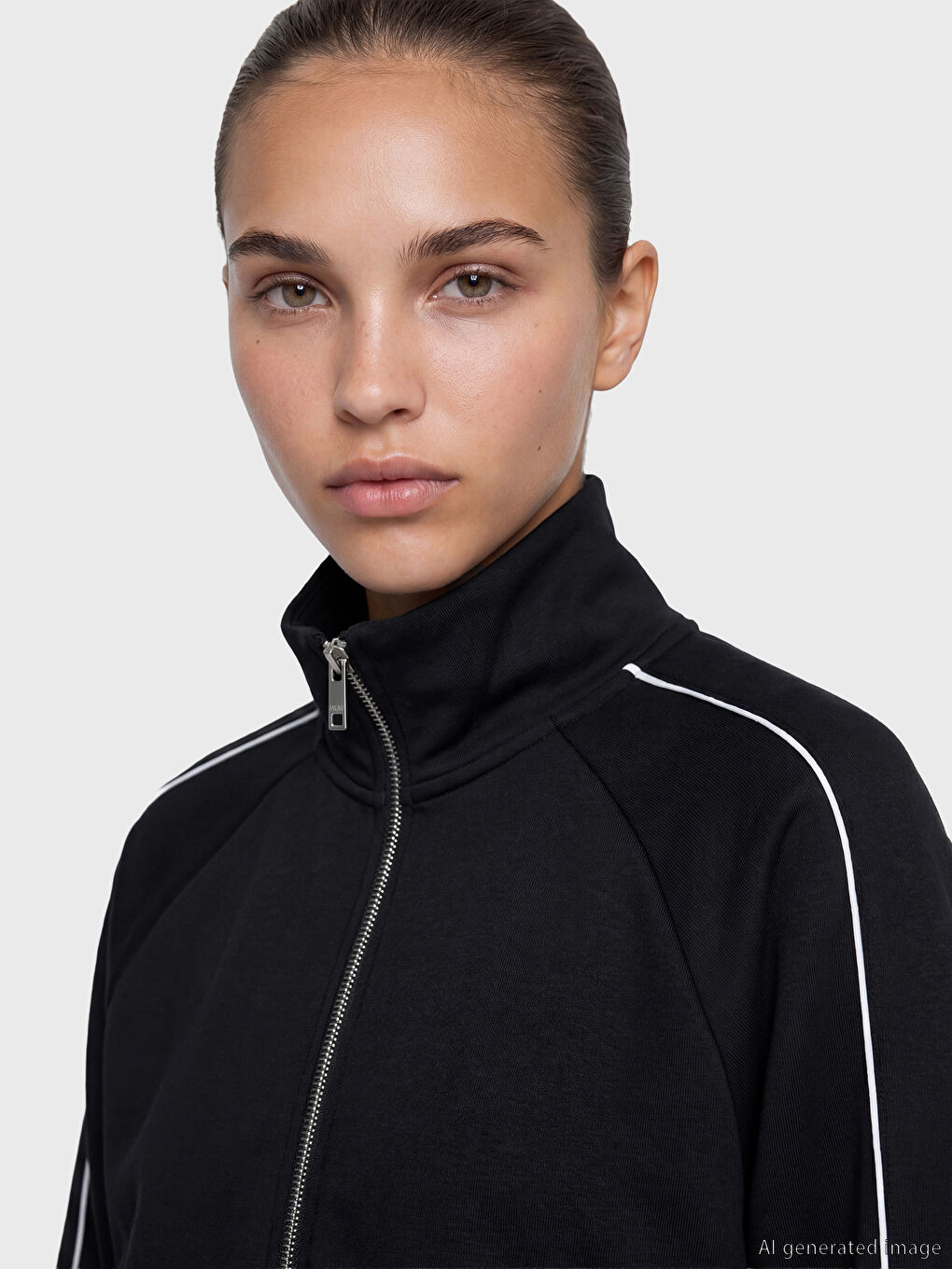 Siyah Modal Karışımlı Kadın Fermuarlı Sweatshirt-2