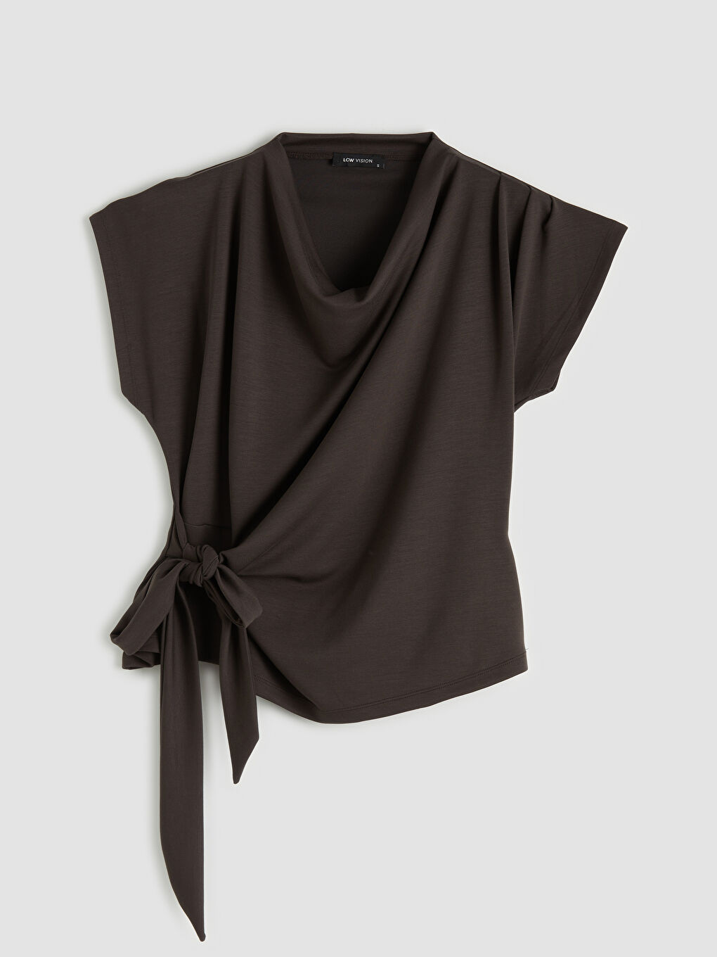 Kahverengi Dökümlü Yaka Bağlama Detaylı Bluz-3