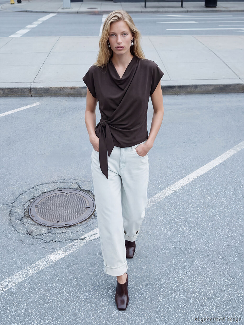 Kahverengi Dökümlü Yaka Bağlama Detaylı Bluz-1