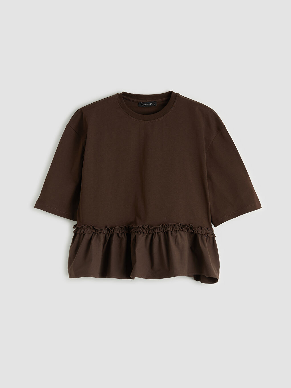 Kahverengi Bisiklet Yaka Fırfırlı Kadın Tişört-3