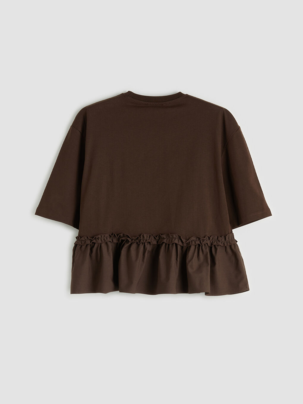 Kahverengi Bisiklet Yaka Fırfırlı Kadın Tişört-4