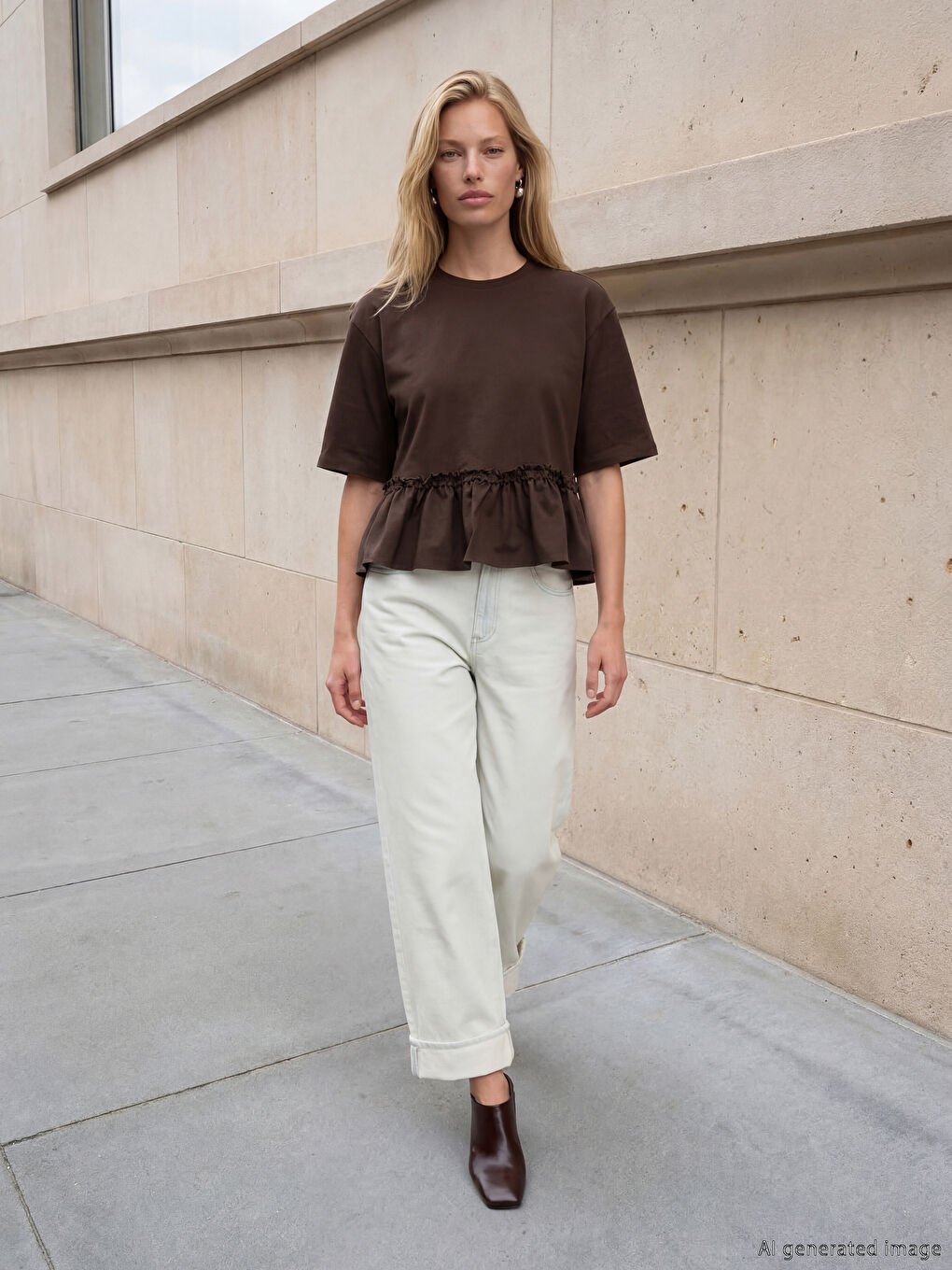 Kahverengi Bisiklet Yaka Fırfırlı Kadın Tişört-1