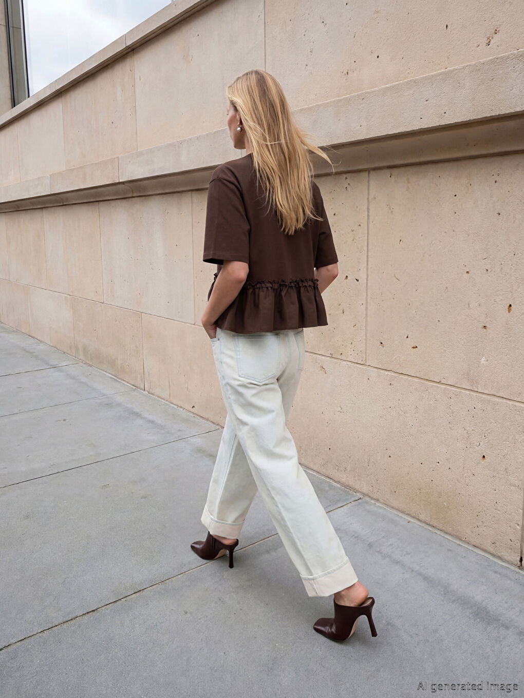 Kahverengi Bisiklet Yaka Fırfırlı Kadın Tişört-2