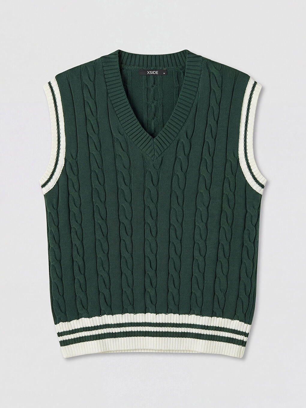 Yeşil V Yaka Saç Örgüsü Desenli Erkek Triko Süveter