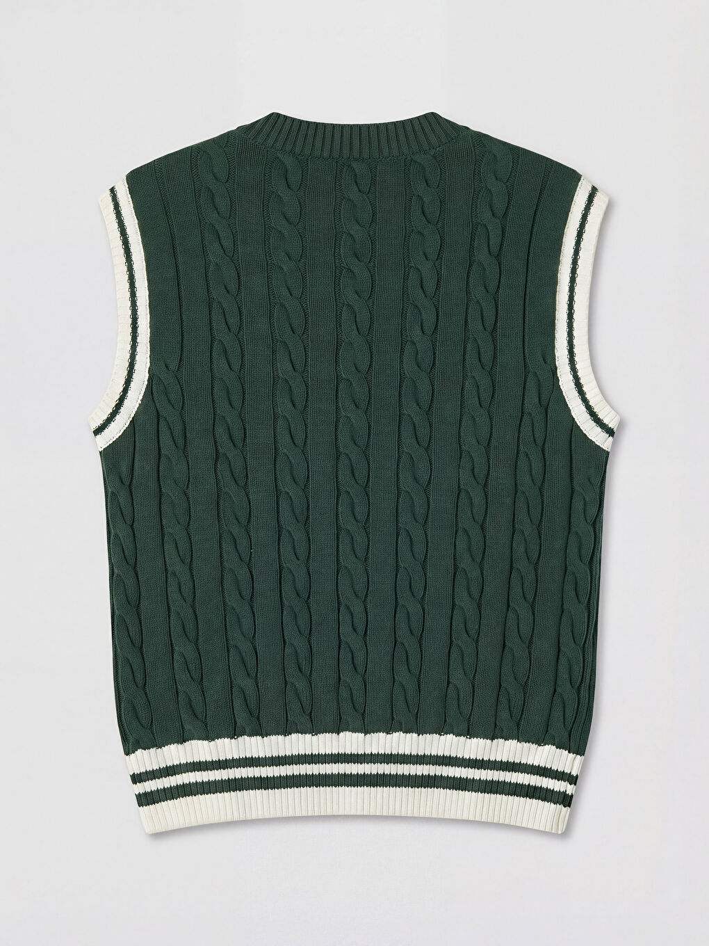 Yeşil V Yaka Saç Örgüsü Desenli Erkek Triko Süveter-1