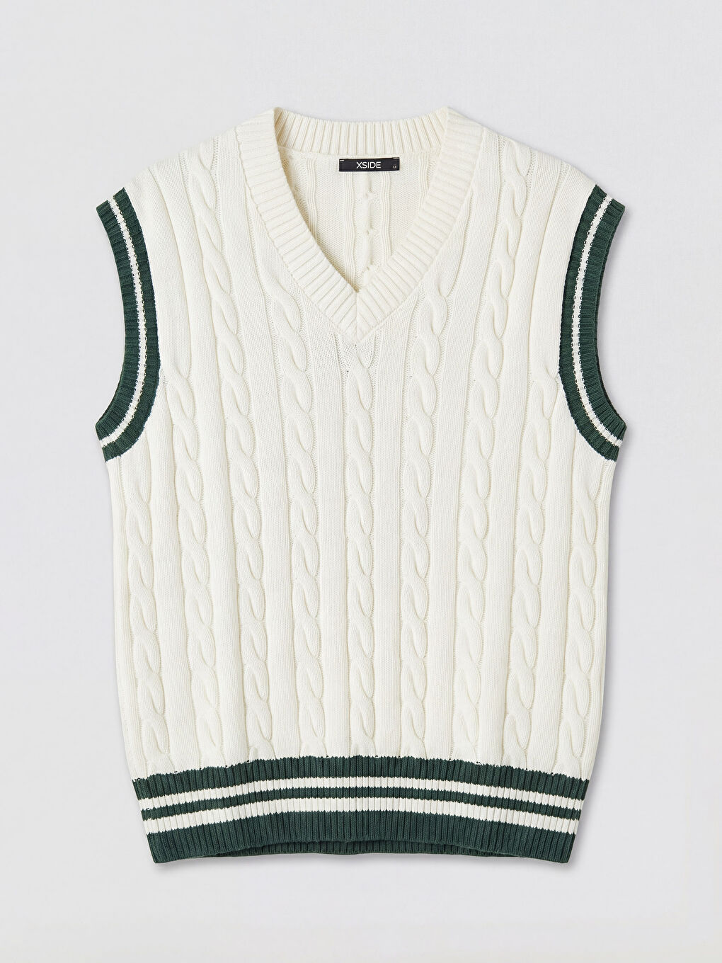 Ekru V Yaka Saç Örgüsü Desenli Erkek Triko Süveter