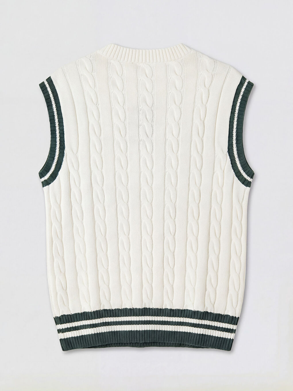 Ekru V Yaka Saç Örgüsü Desenli Erkek Triko Süveter-1