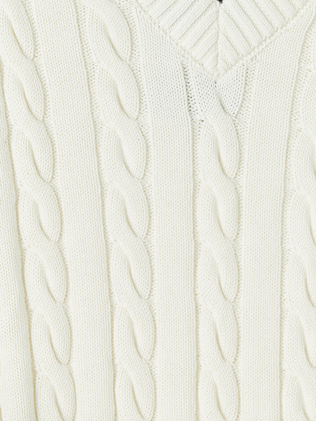 Ekru V Yaka Saç Örgüsü Desenli Erkek Triko Süveter-2