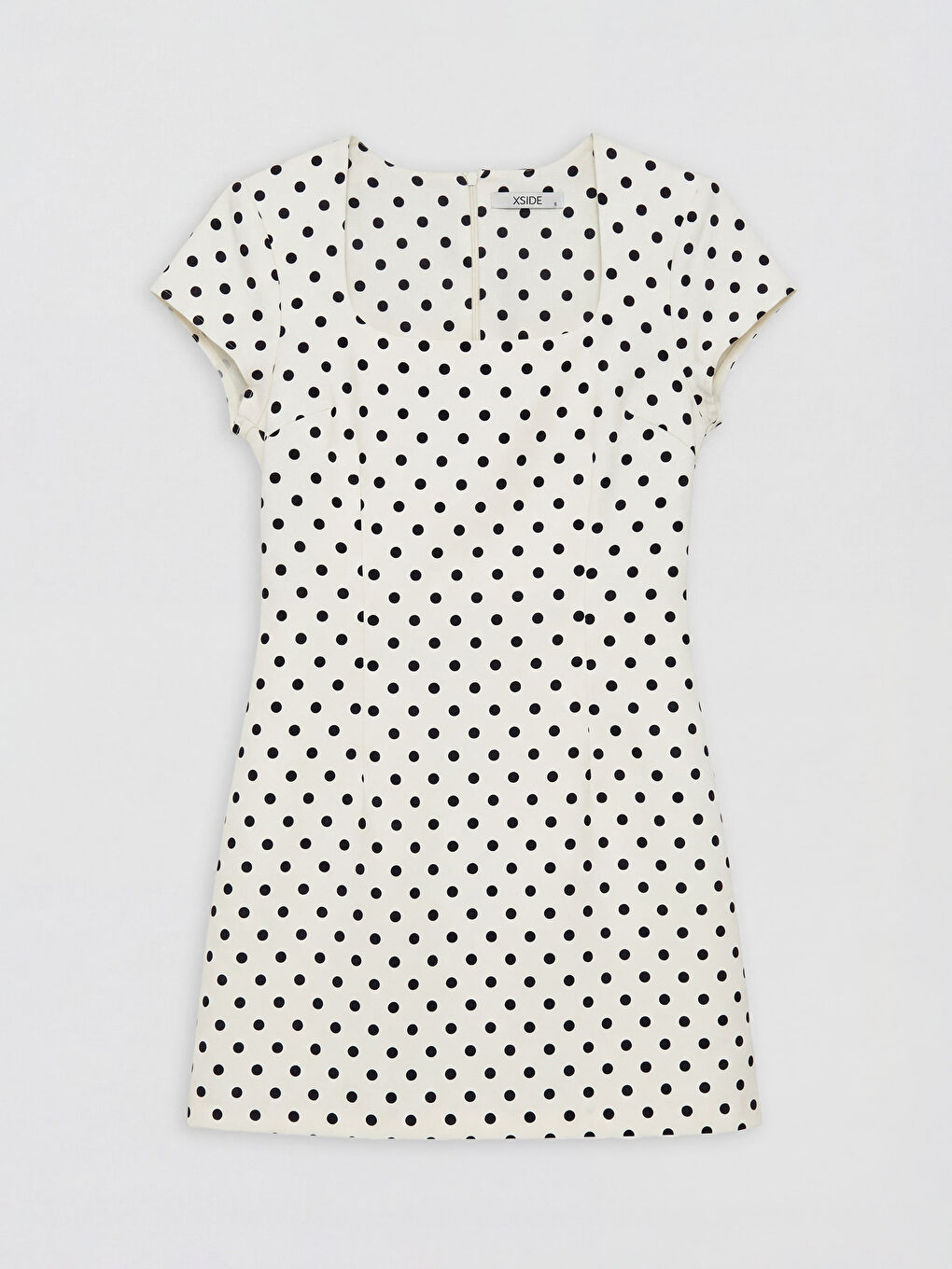 Ekru Kare Yaka Puantiyeli Mini Elbise