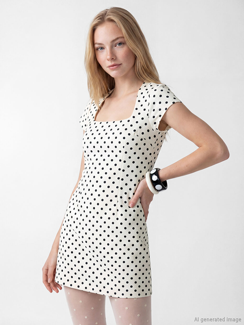 Ekru Kare Yaka Puantiyeli Mini Elbise-1